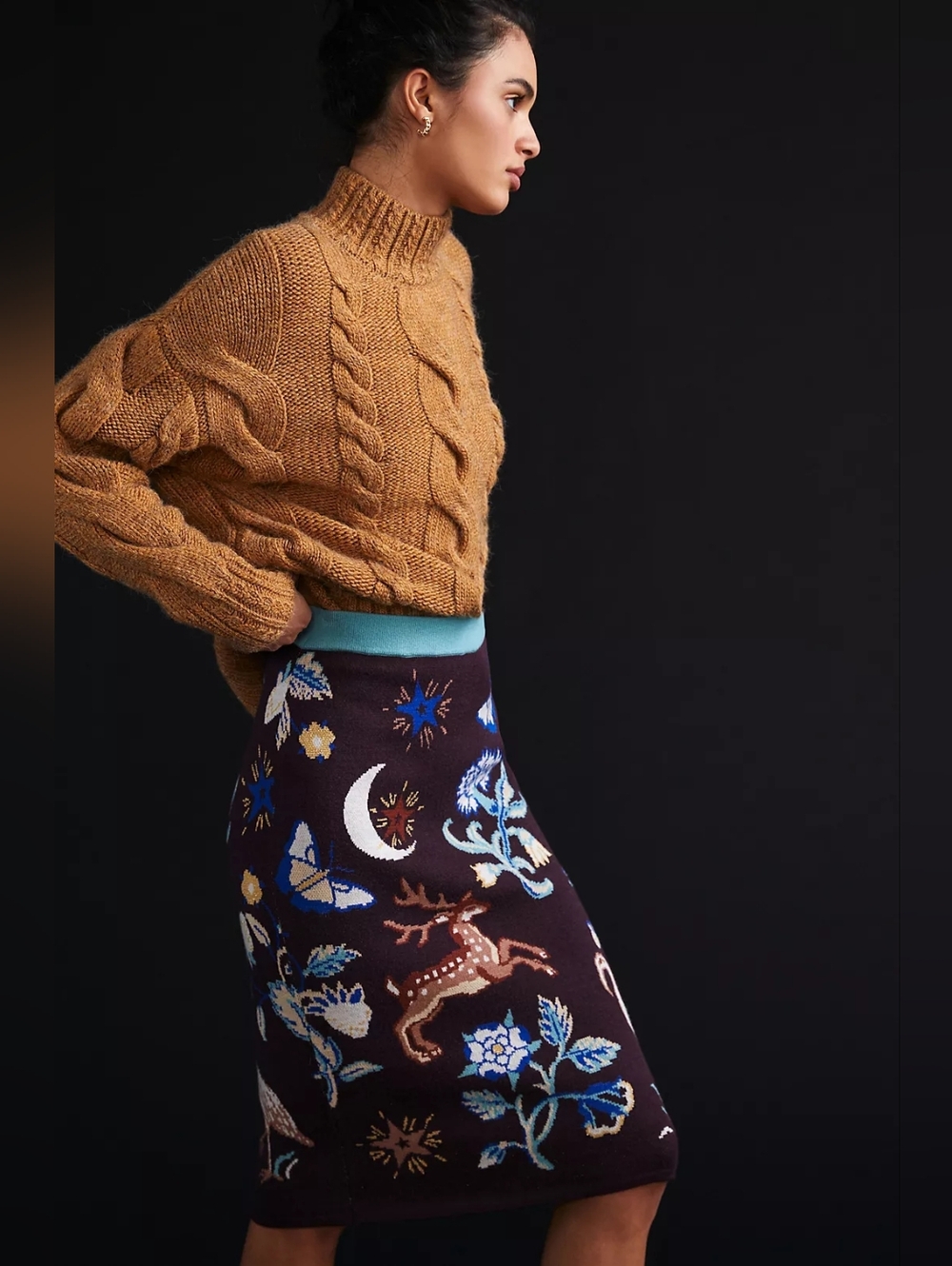 NWT Anthropologie Forest Friends Slim Pencil in Brown Motif Knit Sweater Skirt S